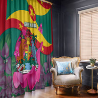 Grenada flag window curtain panel with colorful coat and pink floral accents