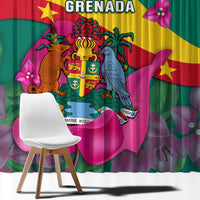 Grenada flag window curtain with detailed crest, birds, and pink flower motifs