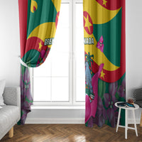 Grenada-themed window curtain panels with colorful flag design and pink flower graphics