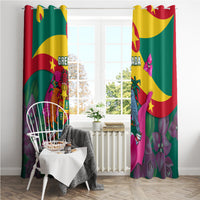 Grenada-themed window curtain panels with colorful flag print and pink flower accents