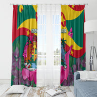Grenada flag window curtain with bright multi-color print and pink floral motifs