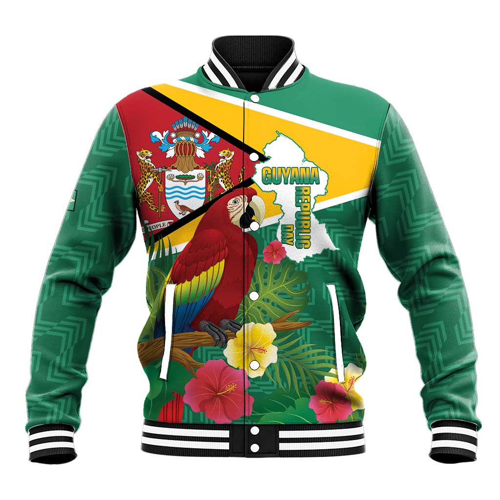 Green tropical baseball jacket with Guyana graphic, striped ribbed collar, snap buttons