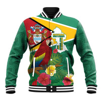 Green tropical baseball jacket with Guyana graphic, striped ribbed collar, snap buttons