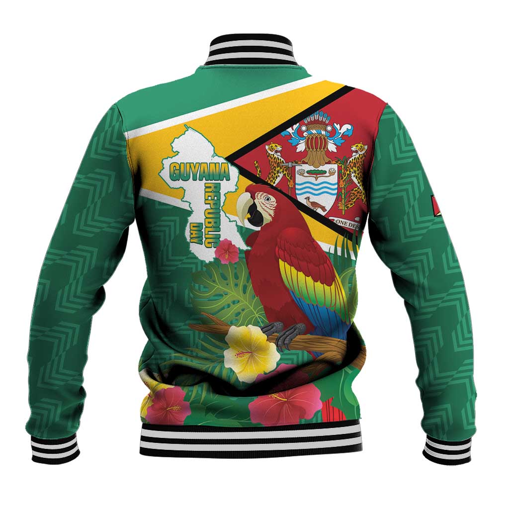 Green tropical baseball jacket with Guyana map and parrot print, striped ribbed collar