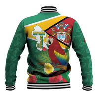 Green tropical baseball jacket with Guyana map and parrot print, striped ribbed collar