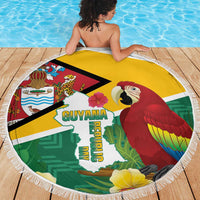 Round beach blanket with Guyana map and red macaw, white tassel fringe