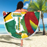 Round beach blanket with Guyana map, red macaw, and white tassel fringe