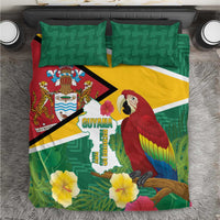 Guyana-themed bedding set with green geometric pillows and tropical duvet featuring macaw