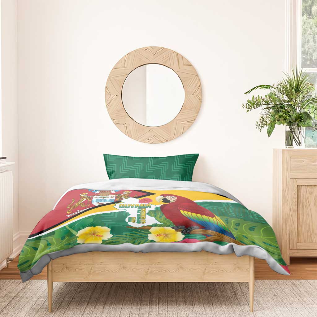 Guyana macaw duvet set with green geometric pillows, flag-style center art, yellow flowers