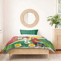 Guyana macaw duvet set with green geometric pillows, flag-style center art, yellow flowers
