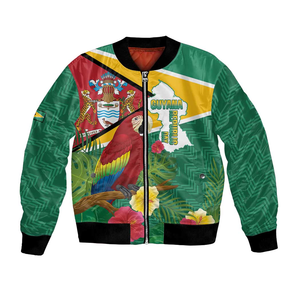 Guyana Republic Day Bomber Jacket Scarlet Macaw With Map Tropical Style