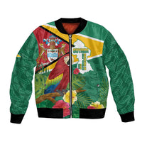 Green unisex bomber jacket with Guyana map graphic, macaw artwork, black rib trim