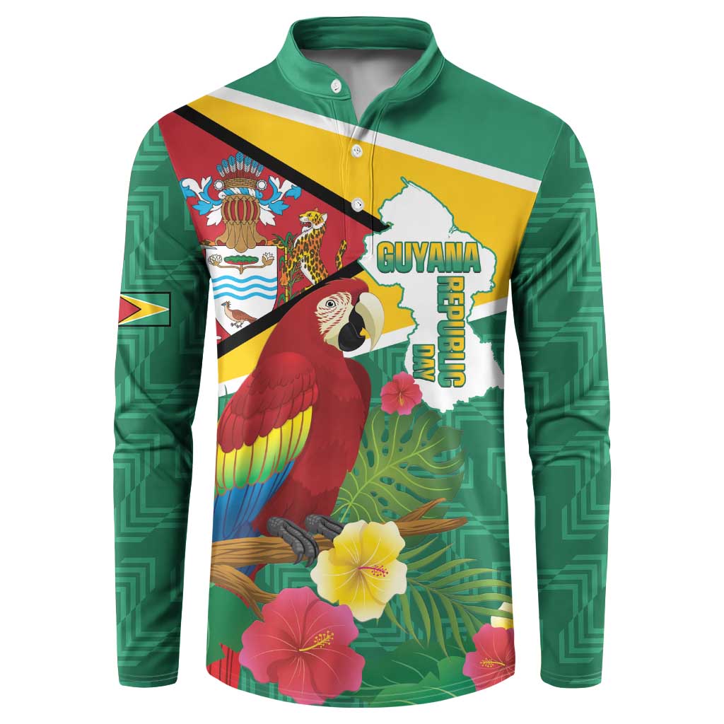 Green button henley sweatshirt with Guyana flag map, parrot graphic, tropical flowers
