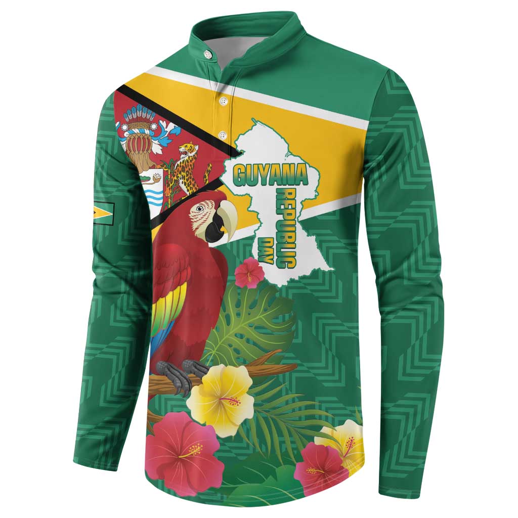Green long-sleeve button sweatshirt, Guyana map and parrot with tropical blooms graphic