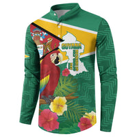 Green long-sleeve button sweatshirt, Guyana map and parrot with tropical blooms graphic