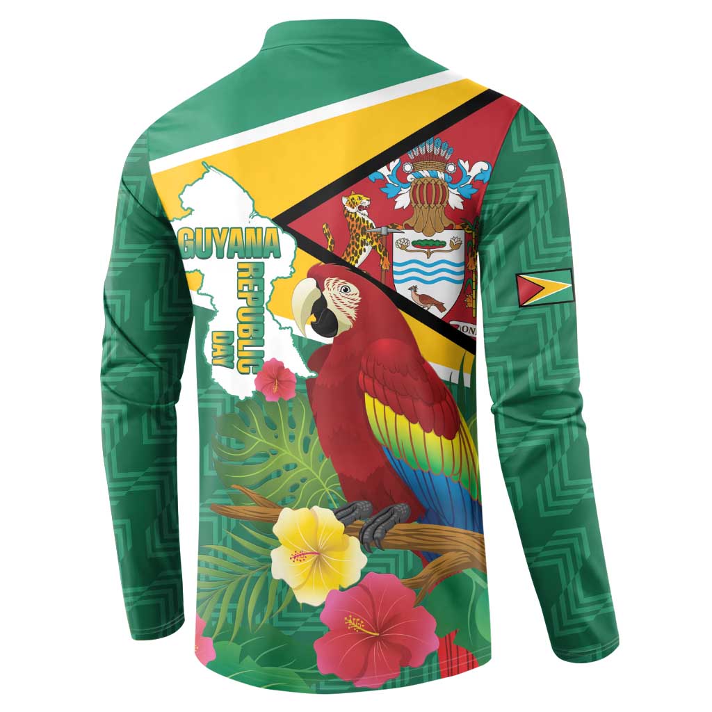 Green button henley sweatshirt, Guyana map and crest parrot on back print with flowers