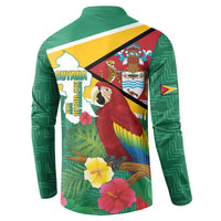 Green button henley sweatshirt, Guyana map and crest parrot on back print with flowers