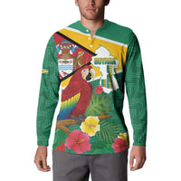 Green button sweatshirt with Guyana map, parrot and floral graphic; long sleeves