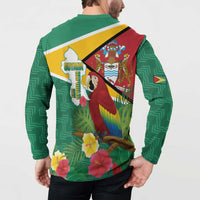 Green button sweatshirt back print with Guyana map, crest, parrot, and tropical flowers
