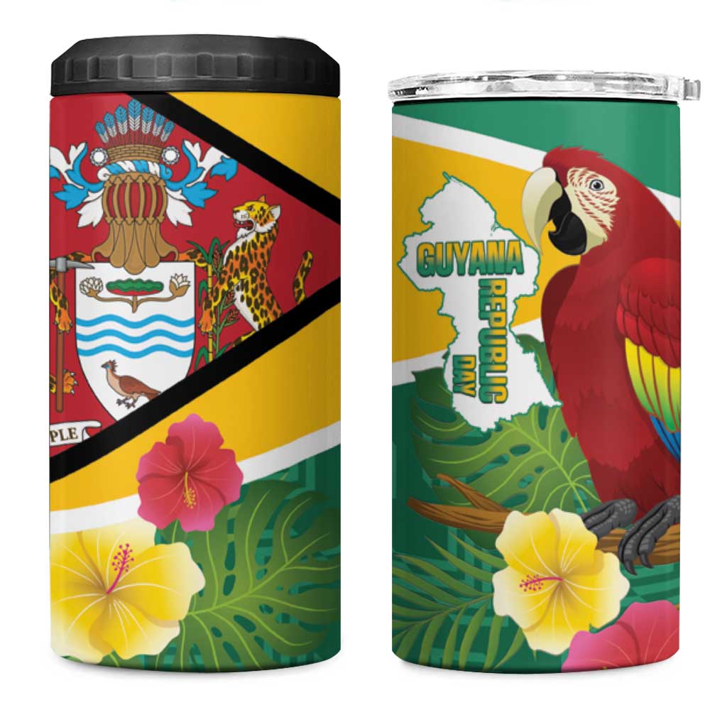 Guyana Republic Day 4 in 1 Can Cooler Tumbler Scarlet Macaw With Map Tropical Style