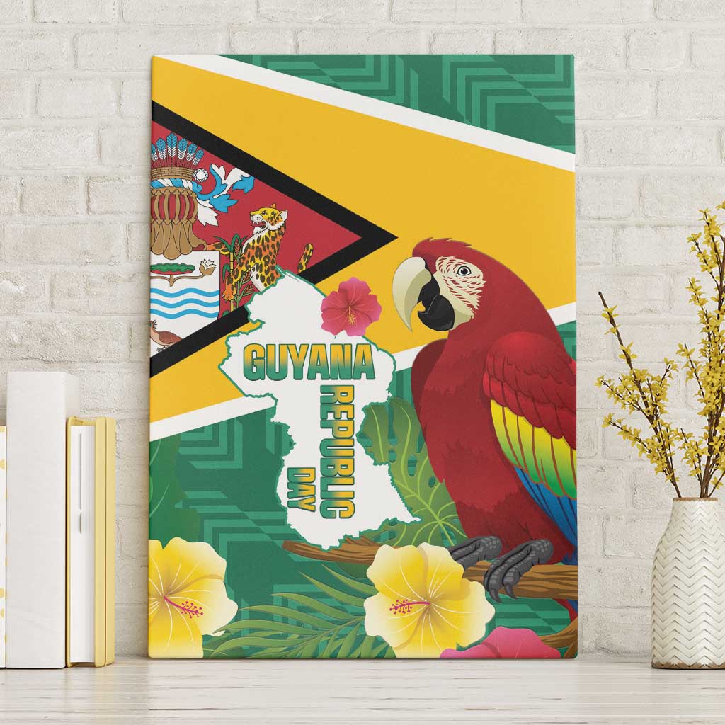 Guyana Republic Day Canvas Wall Art Scarlet Macaw With Map Tropical Style