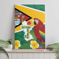 Green canvas wall art featuring scarlet macaw, Guyana map, and tropical hibiscus blooms
