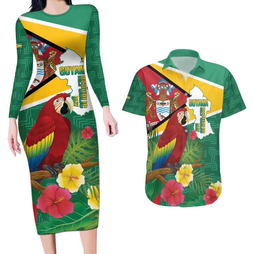 Guyana Republic Day Couples Matching Long Sleeve Bodycon Dress and Hawaiian Shirt Scarlet Macaw With Map Tropical Style