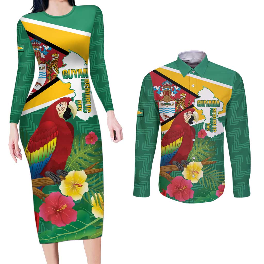 Guyana Republic Day Couples Matching Long Sleeve Bodycon Dress and Long Sleeve Button Shirt Scarlet Macaw With Map Tropical Style