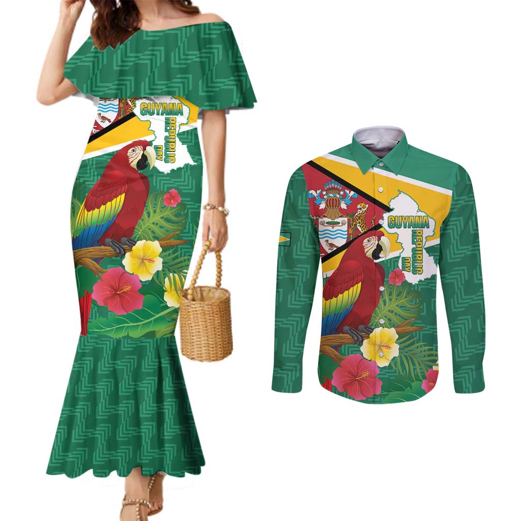 Guyana Republic Day Couples Matching Mermaid Dress and Long Sleeve Button Shirt Scarlet Macaw With Map Tropical Style