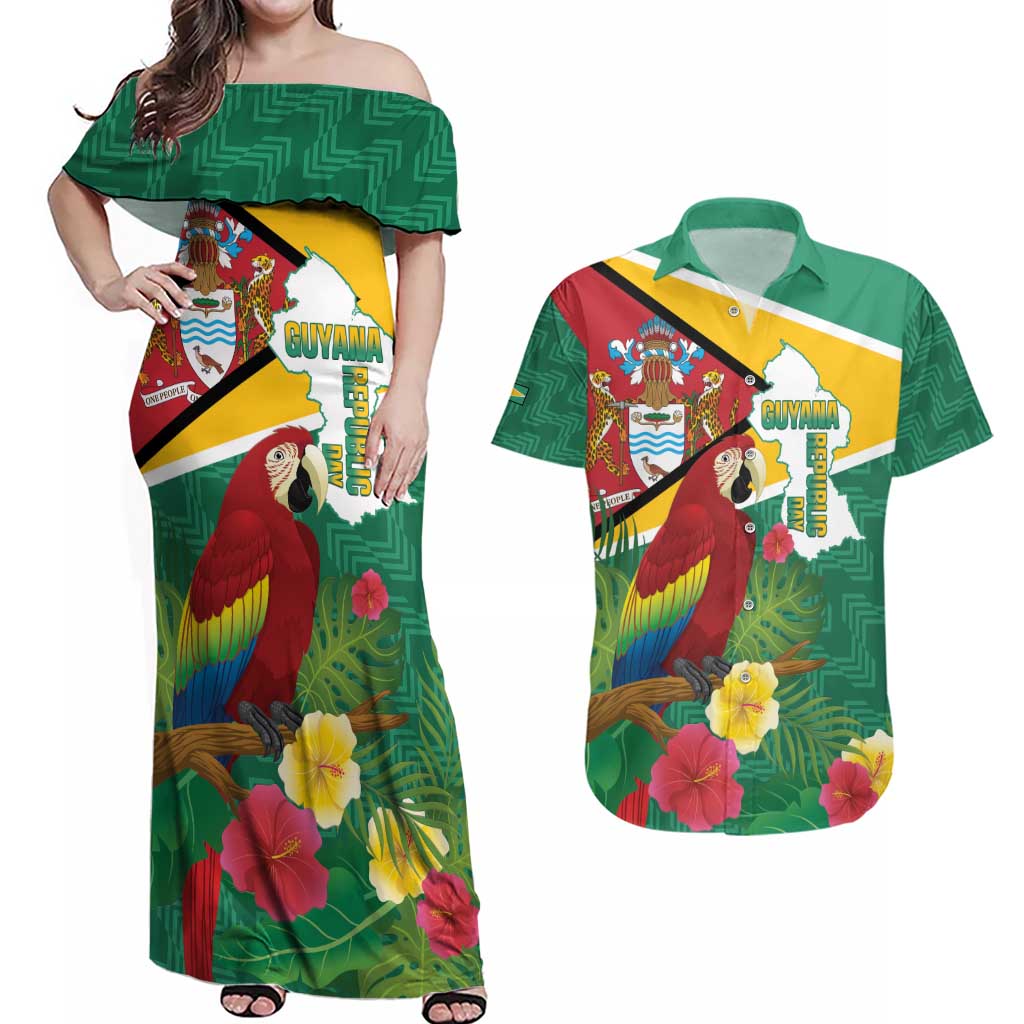 Guyana Republic Day Couples Matching Off Shoulder Maxi Dress and Hawaiian Shirt Scarlet Macaw With Map Tropical Style