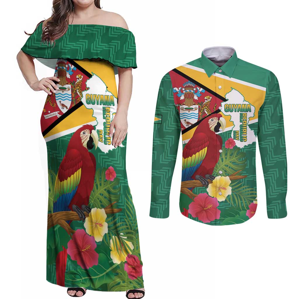 Guyana Republic Day Couples Matching Off Shoulder Maxi Dress and Long Sleeve Button Shirt Scarlet Macaw With Map Tropical Style