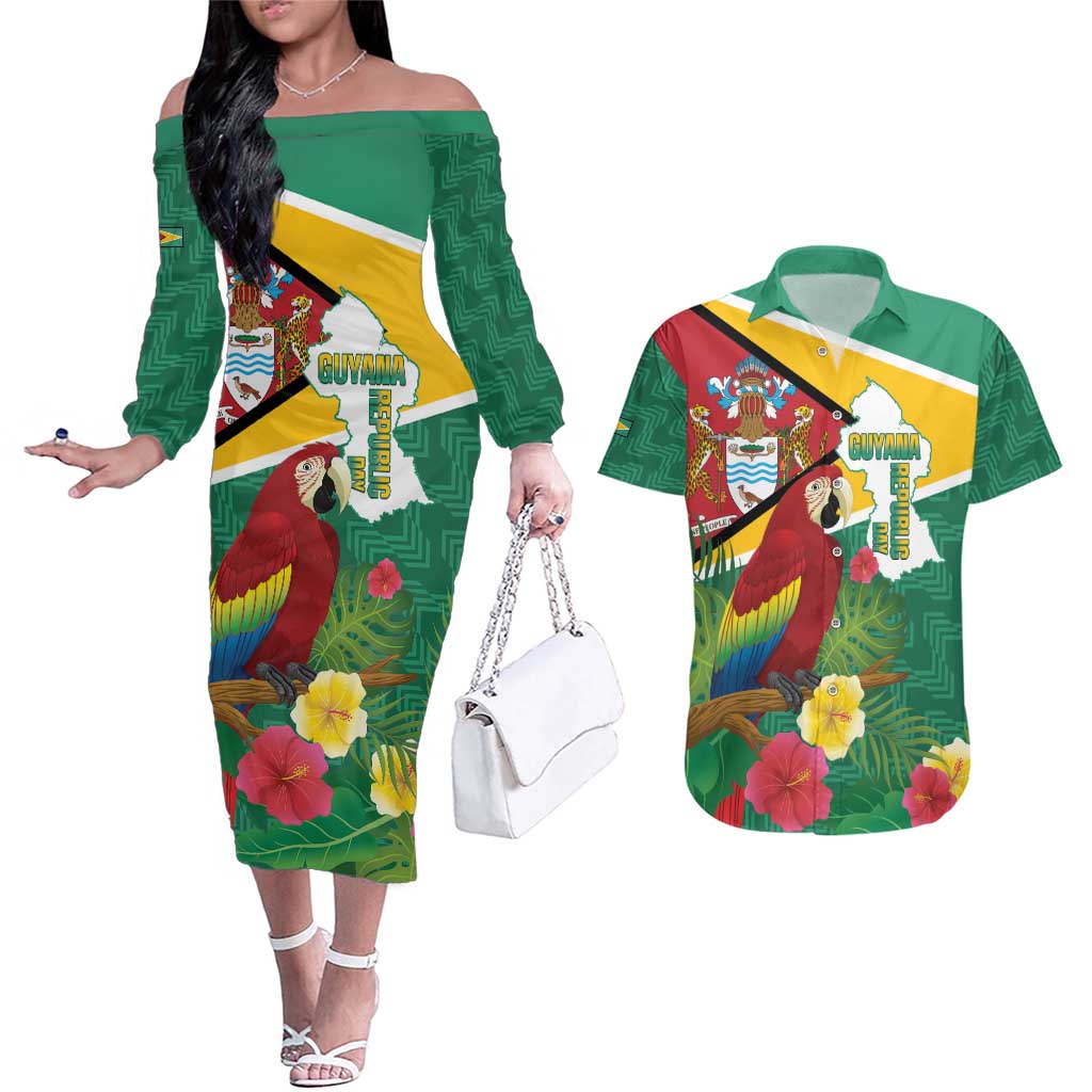 Guyana Republic Day Couples Matching Off The Shoulder Long Sleeve Dress and Hawaiian Shirt Scarlet Macaw With Map Tropical Style