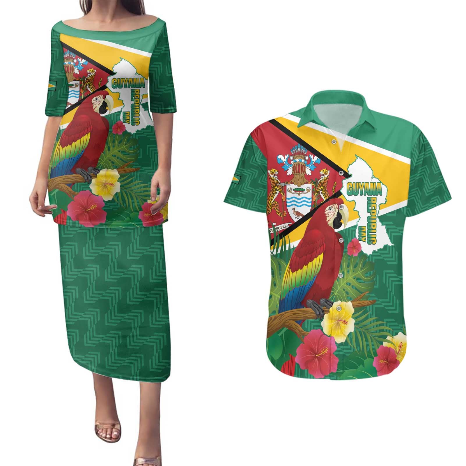 Guyana Republic Day Couples Matching Puletasi and Hawaiian Shirt Scarlet Macaw With Map Tropical Style