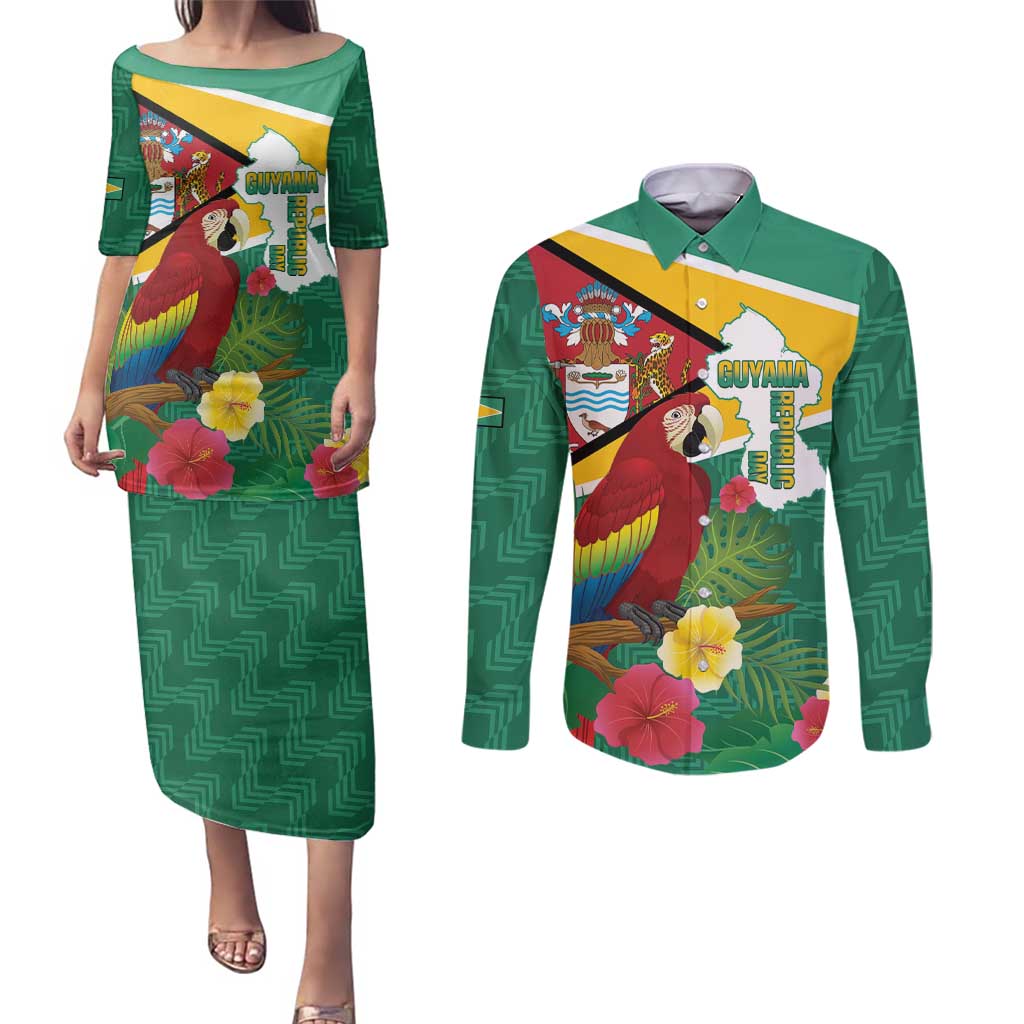 Guyana Republic Day Couples Matching Puletasi and Long Sleeve Button Shirt Scarlet Macaw With Map Tropical Style