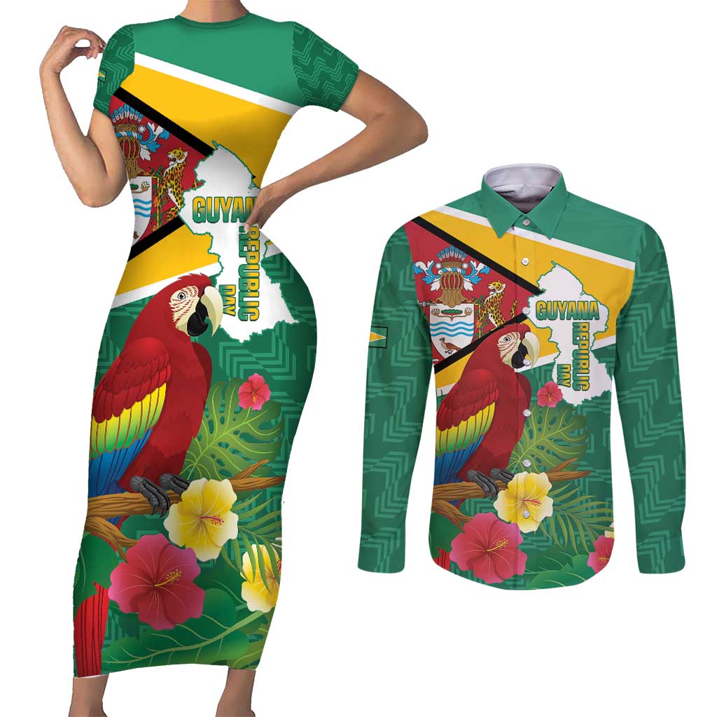 Guyana Republic Day Couples Matching Short Sleeve Bodycon Dress and Long Sleeve Button Shirt Scarlet Macaw With Map Tropical Style