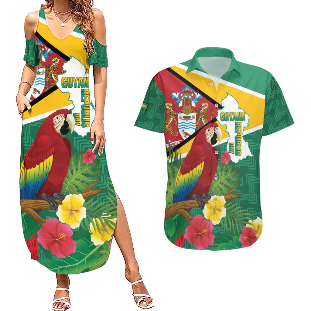 Guyana Republic Day Couples Matching Summer Maxi Dress and Hawaiian Shirt Scarlet Macaw With Map Tropical Style