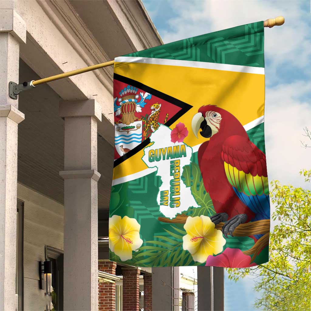 Guyana Republic Day Garden Flag Scarlet Macaw With Map Tropical Style