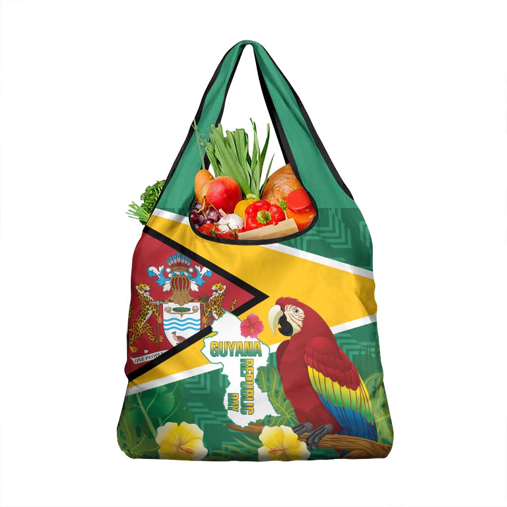 Guyana Republic Day Grocery Bag Scarlet Macaw With Map Tropical Style