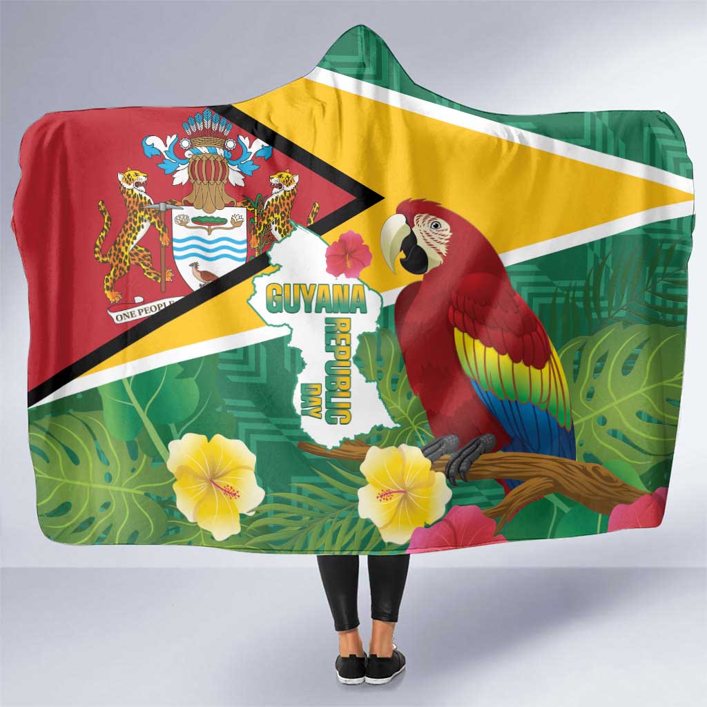 Guyana Republic Day Hooded Blanket Scarlet Macaw With Map Tropical Style