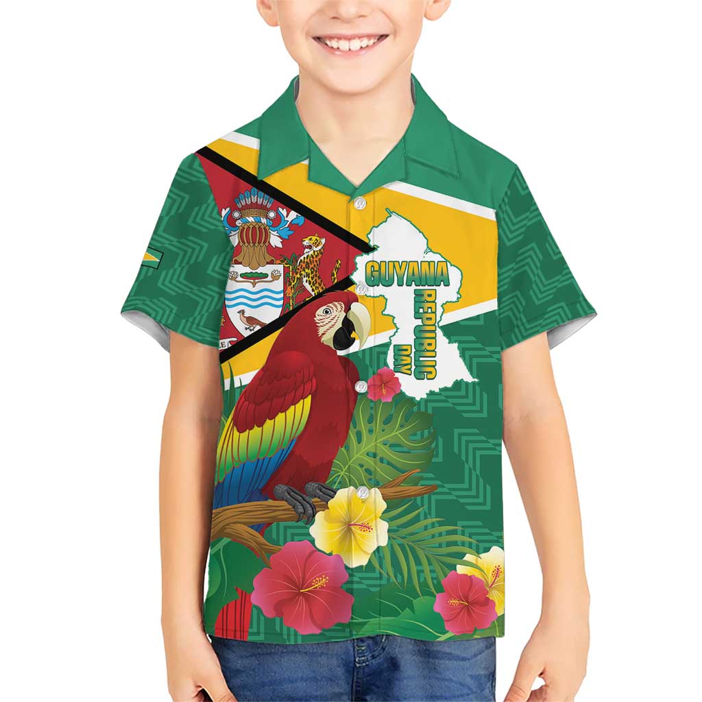 Guyana Republic Day Kid Hawaiian Shirt Scarlet Macaw With Map Tropical Style