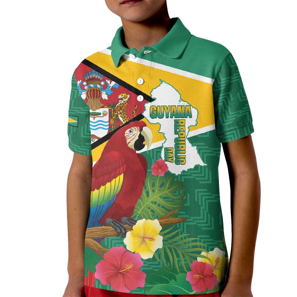 Guyana Republic Day Kid Polo Shirt Scarlet Macaw With Map Tropical Style