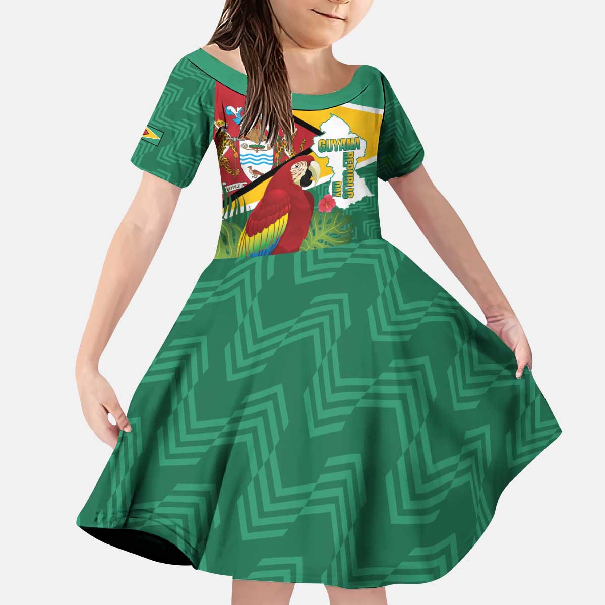 Guyana Republic Day Kid Short Sleeve Dress Scarlet Macaw With Map Tropical Style