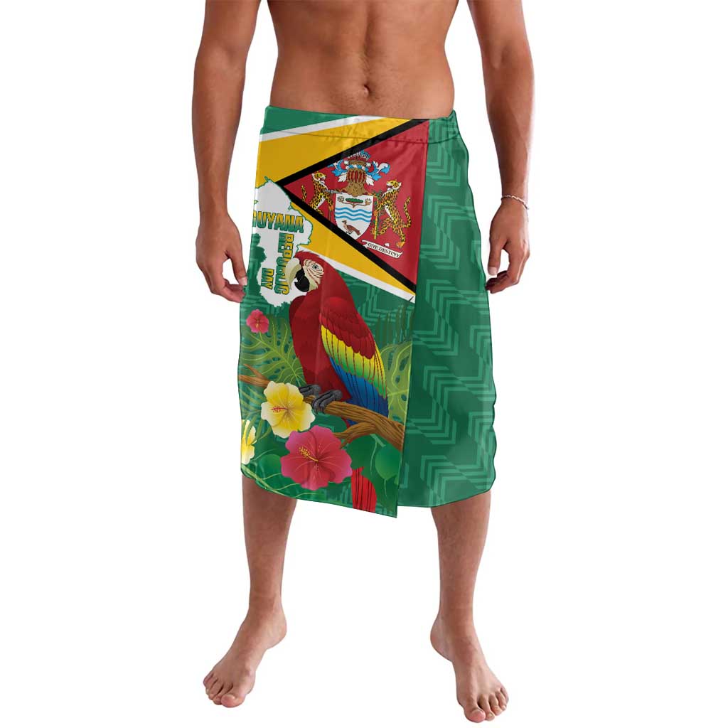 Green lavalava-style wrap skirt with flag, macaw, and floral tropical print front