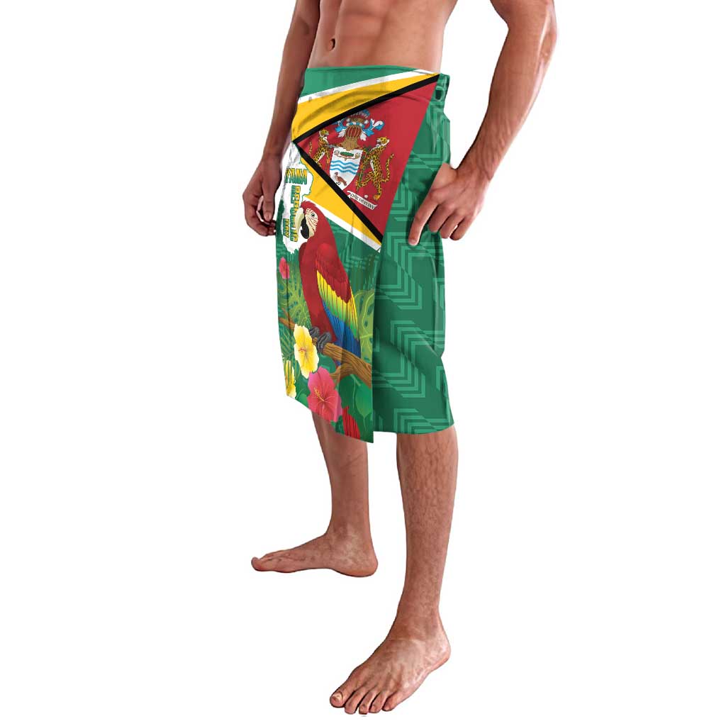 Green lavalava-style wrap skirt with map and macaw graphic panel on side
