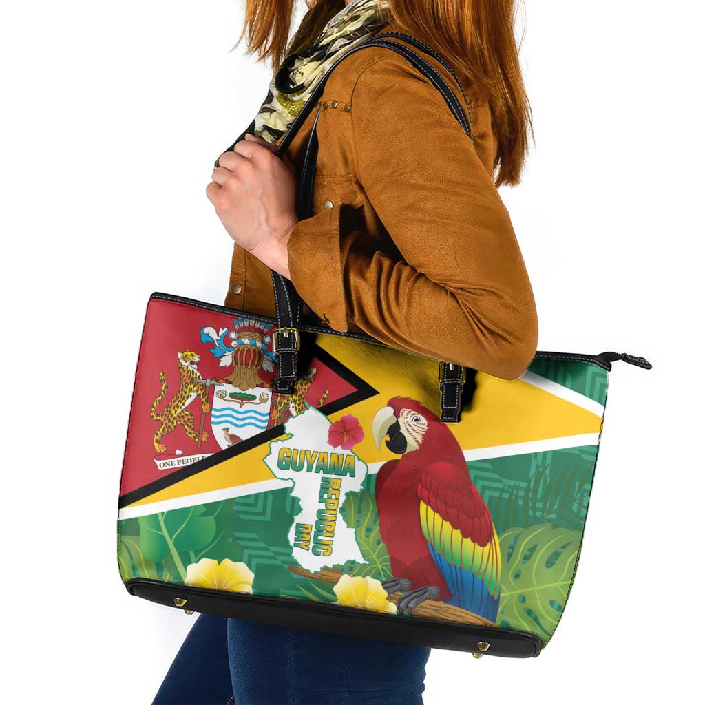 Guyana Republic Day Leather Tote Bag Scarlet Macaw With Map Tropical Style