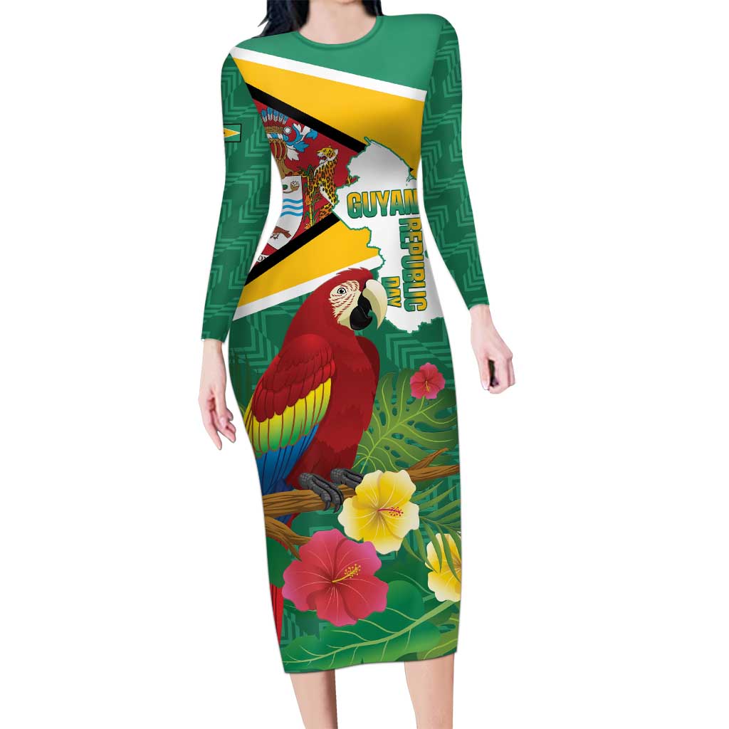 Guyana Republic Day Long Sleeve Bodycon Dress Scarlet Macaw With Map Tropical Style