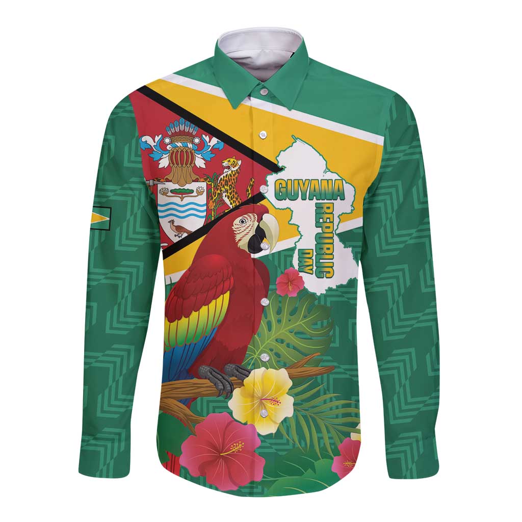 Green long-sleeve button shirt with parrot, tropical flowers, and Guyana graphic