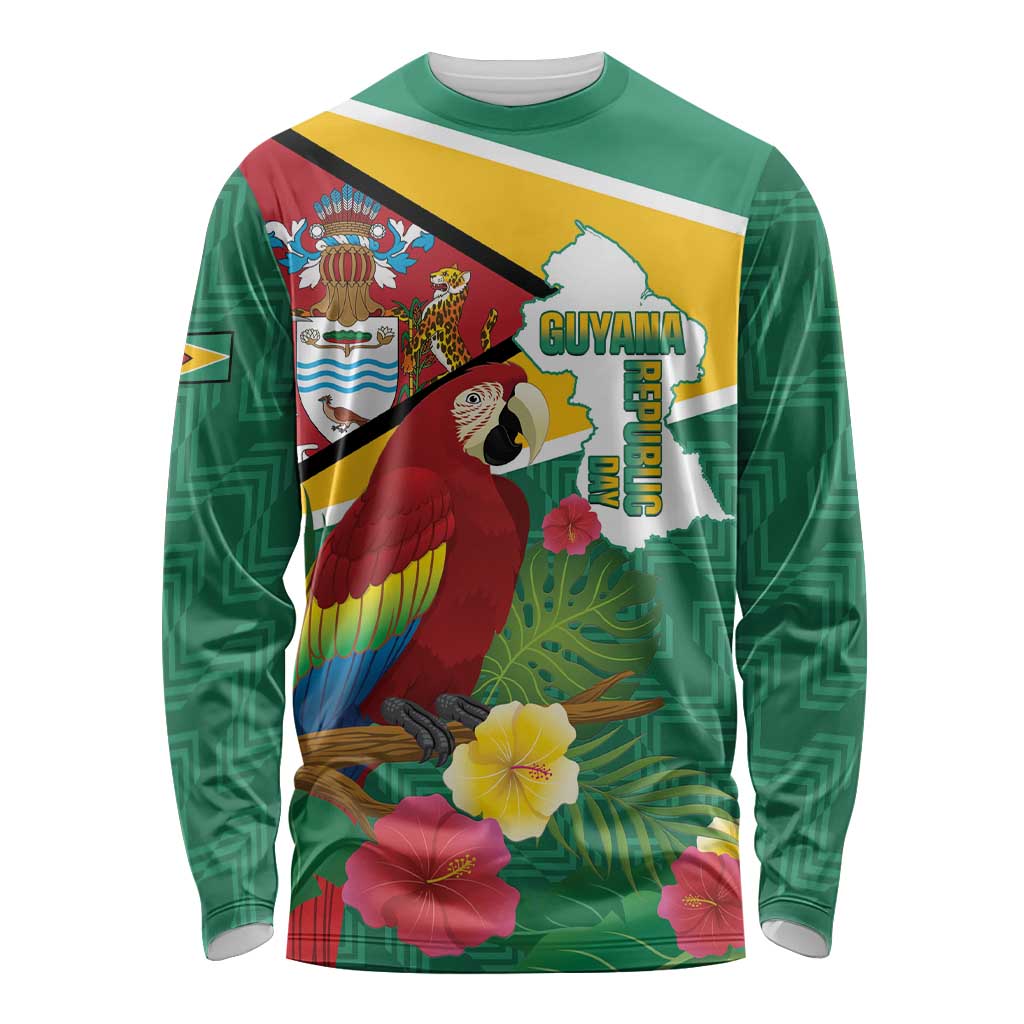 Guyana Republic Day Long Sleeve Shirt Scarlet Macaw With Map Tropical Style