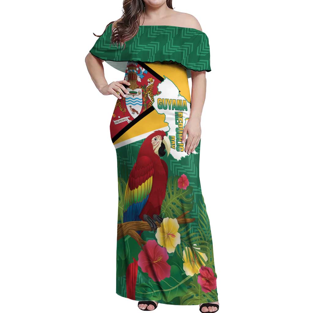 Guyana Republic Day Off Shoulder Maxi Dress Scarlet Macaw With Map Tropical Style