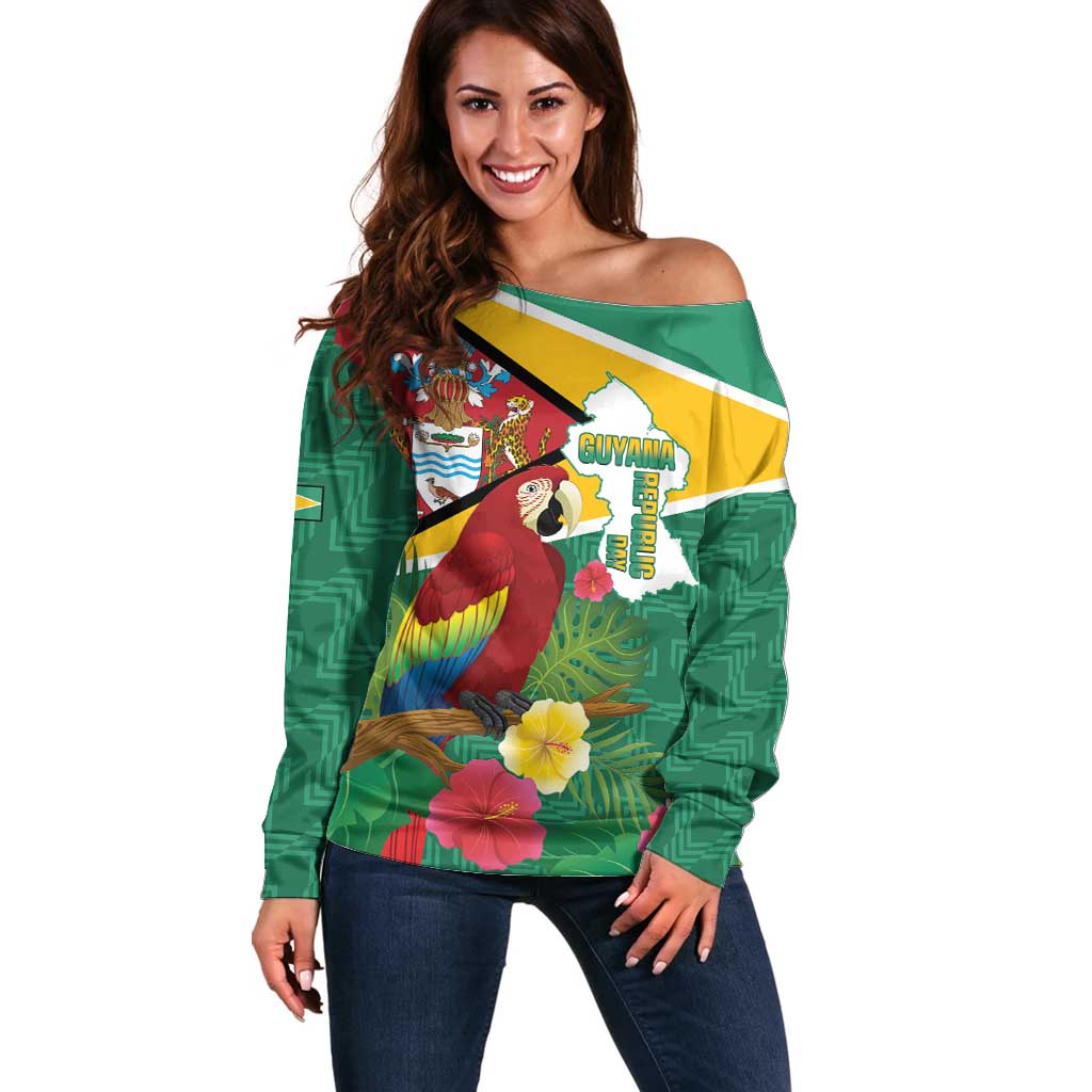 Guyana Republic Day Off Shoulder Sweater Scarlet Macaw With Map Tropical Style